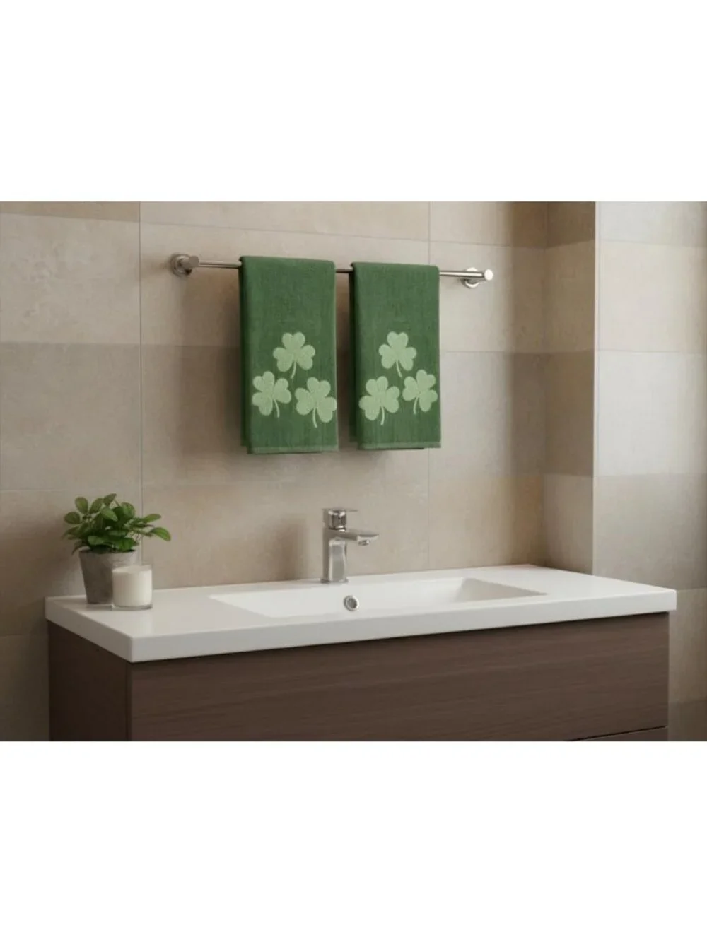 St. Patrick's Day Hand Towels Set - Soft Cotton, Embroidered Shamrocks, Green